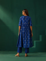 trueBrowns Royal Blue Geometric Floral Viscose Silk Side Gathered Kurta Pant Set