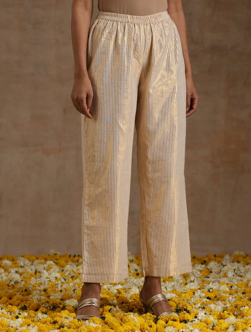 Ivory Gold Cotton Neck Pleat Kurta Set