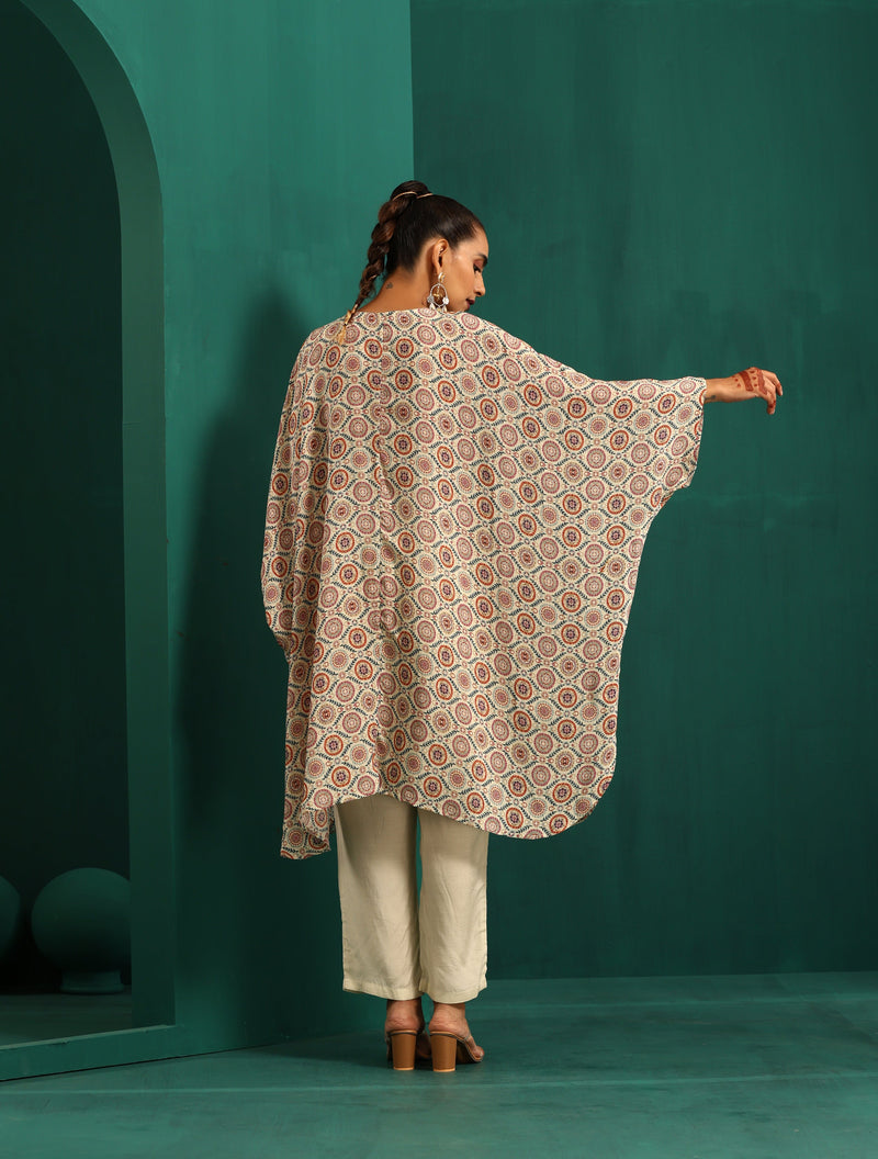 trueBrowns Off White Circle Floral Muslin Silk Printed Kaftan Pant Set