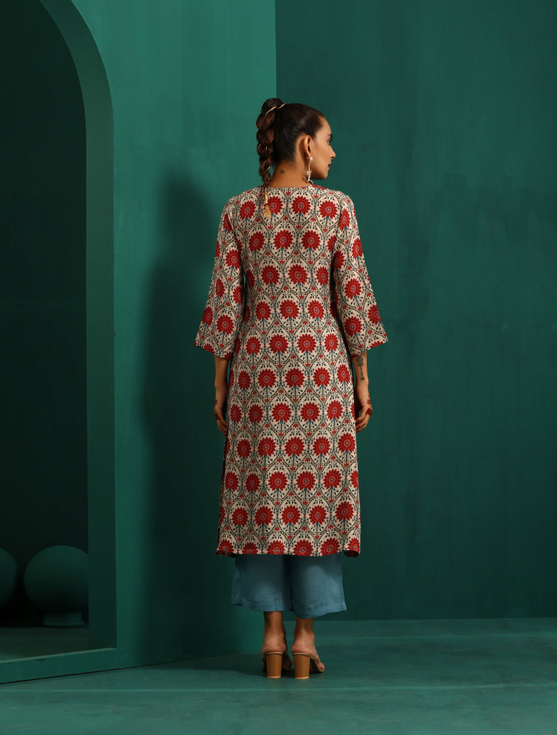 trueBrowns Ivory Red Circle Floral Muslin Silk Printed V-Neck Kurta Pant Set