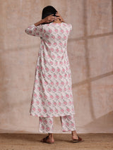Pink Green Buta On White Block Print Cotton Slit Kurta Pant Set