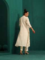 trueBrowns Ivory Peach Cotton Front Gathered Kurta Pant Set