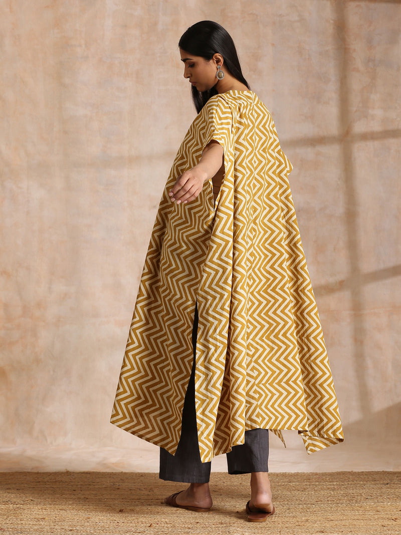 Mustard Dabu Zig-Zag Lines Print Cotton Panel Kaftan Kurta Pant Set