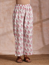 Pink Green Buta On White Block Print Cotton Slit Kurta Pant Set