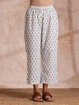 White With Teal Buta Block Print Cotton Front Neck Gathered Kurta Pant Set