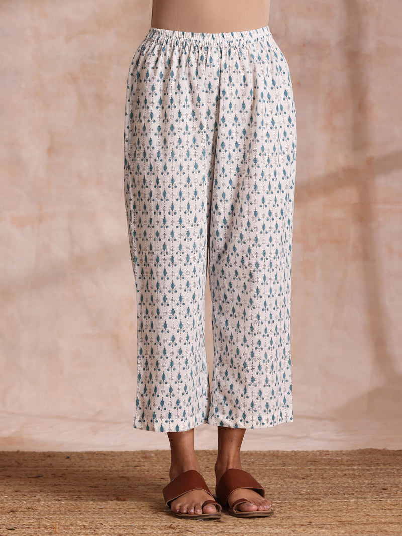White With Teal Buta Block Print Cotton Front Neck Gathered Kurta Pant Set