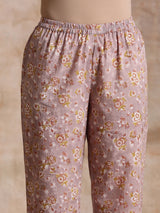 Grey Overall Floral Block Print Cotton Flared Slit Kurta Pant Set