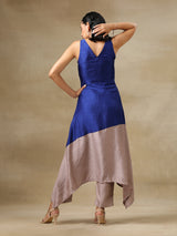 Blue and Grey Textured Silk Sleeveless Round Hemline Kurta Pant Set