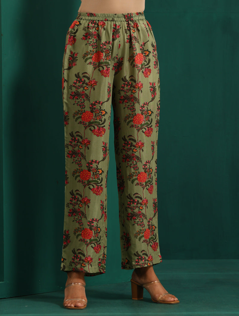 trueBrowns Green Floral Muslin Silk Printed Front Slit Kurta Pant Set