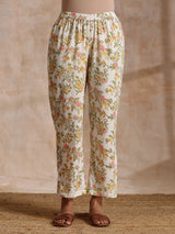 White Multi Color Overall Block Print Cotton Kurta Pant Set