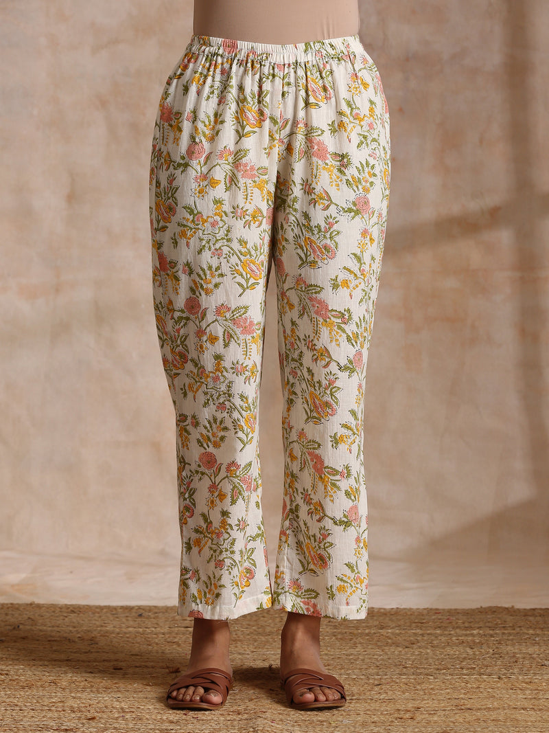 White Multi Color Overall Block Print Cotton Kurta Pant Set