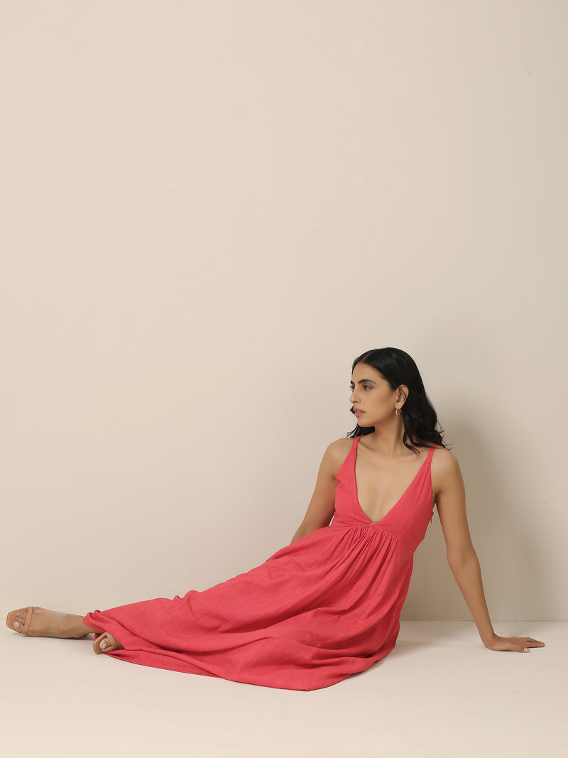 Bright Pink Slub Texture Sleeveless Dress