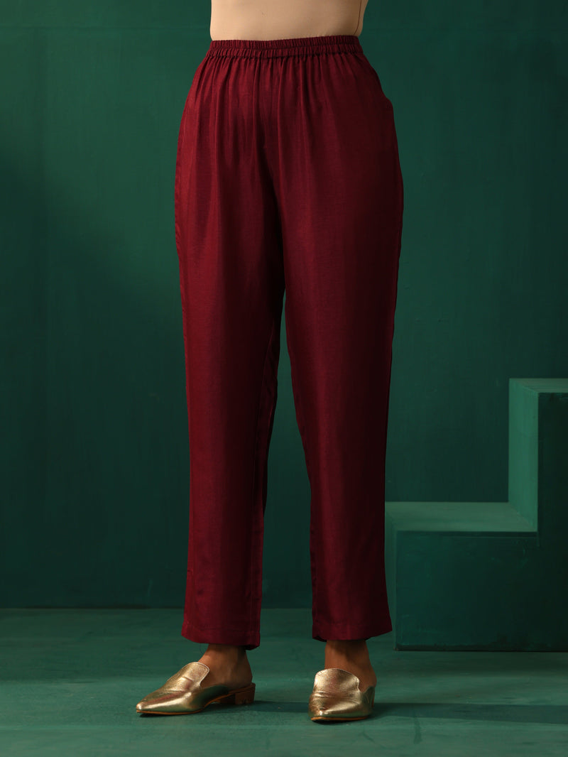 trueBrowns Maroon Diamond Viscose Silk Puff Sleeve Kurta Pant Set