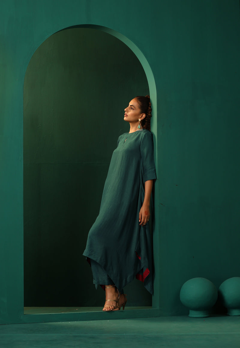 trueBrowns Teal Silk Handkerchief Kurta Pant Set