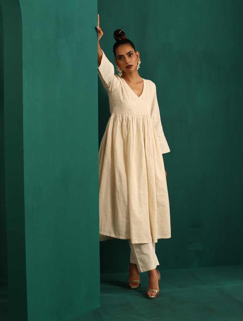 trueBrowns Ivory Tonal Cotton Anarkali Kurta Pant Set