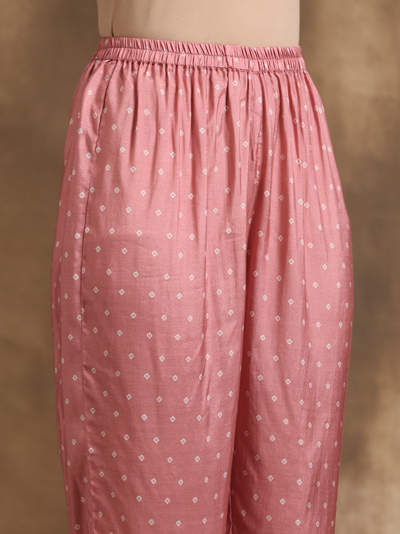 Light Mauve Bandhani Printed Silk Angrakha Kurta Pant Set