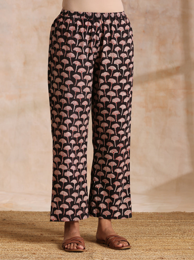 Rust Red Bagru Floral Print Cotton Panel Kaftan Kurta Pant Set