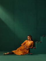 trueBrowns Mustard Geometric Floral Viscose Silk Front Gathered Kurta Pant Set