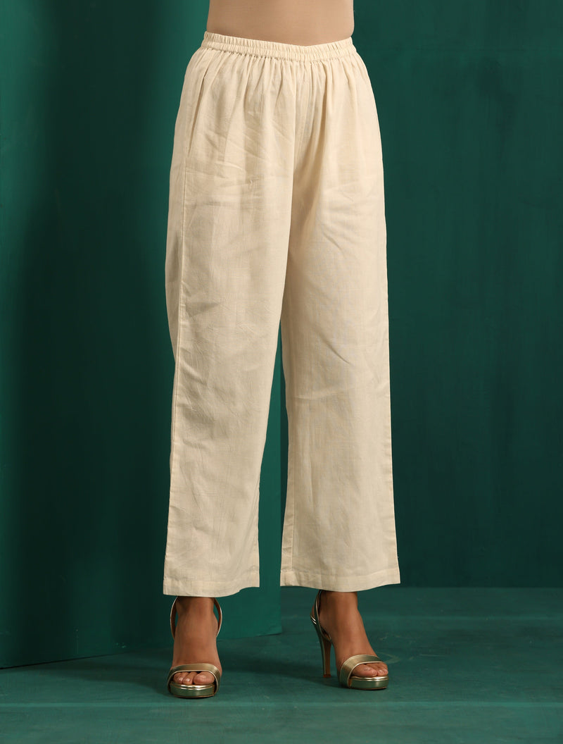 trueBrowns Ivory Peach Cotton Front Pleat Kurta Pant Set