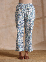 White With Overall Blue Print Cotton Angrakha Kurta Pant Set