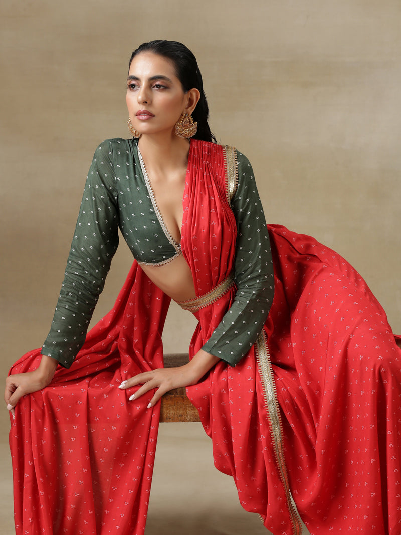 Red Bandhani Printed Silk Skirt Stitched Saree with Belt