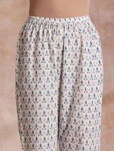 White With Teal Buta Block Print Cotton Front Neck Gathered Kurta Pant Set