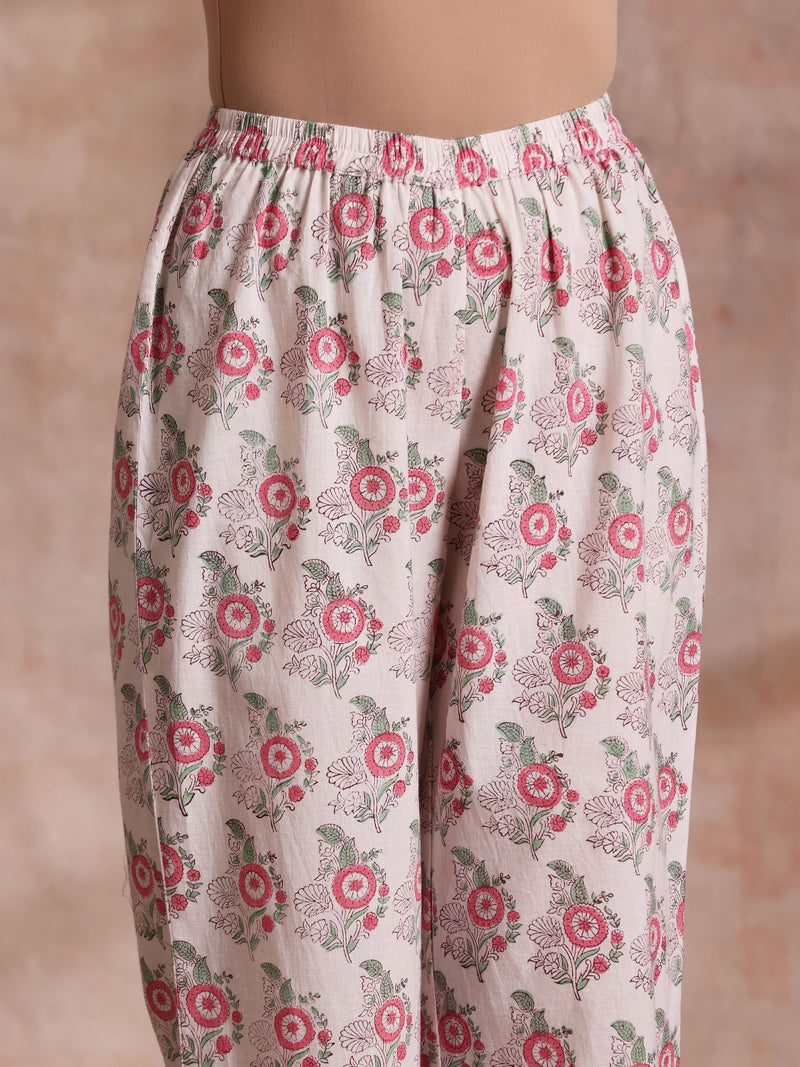 Pink Green Buta On White Block Print Cotton Slit Kurta Pant Set