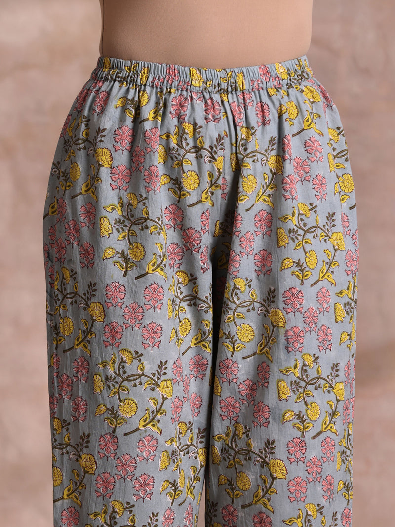Grey Overall Floral Block Print Cotton Sleeveless Flared  Kurta Pant Set