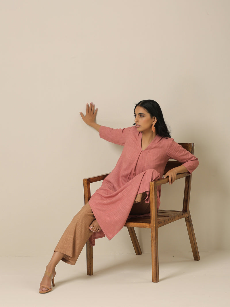 Light Mauve Slub Texture Neck Pleat Kurta Pant Set