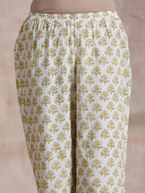 Green Buta On Off White Block Print Cotton Slit Gathered Kurta Set