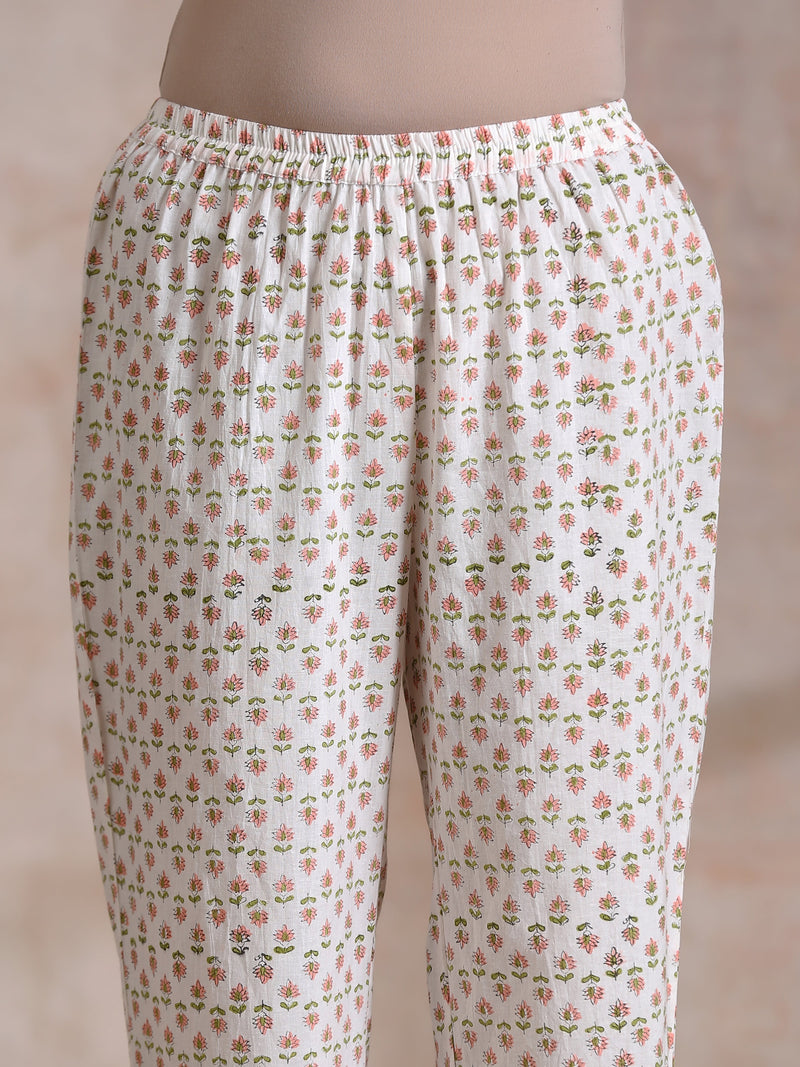 White With Small Floral Booti Print Cotton Pleated Co-Ord Set