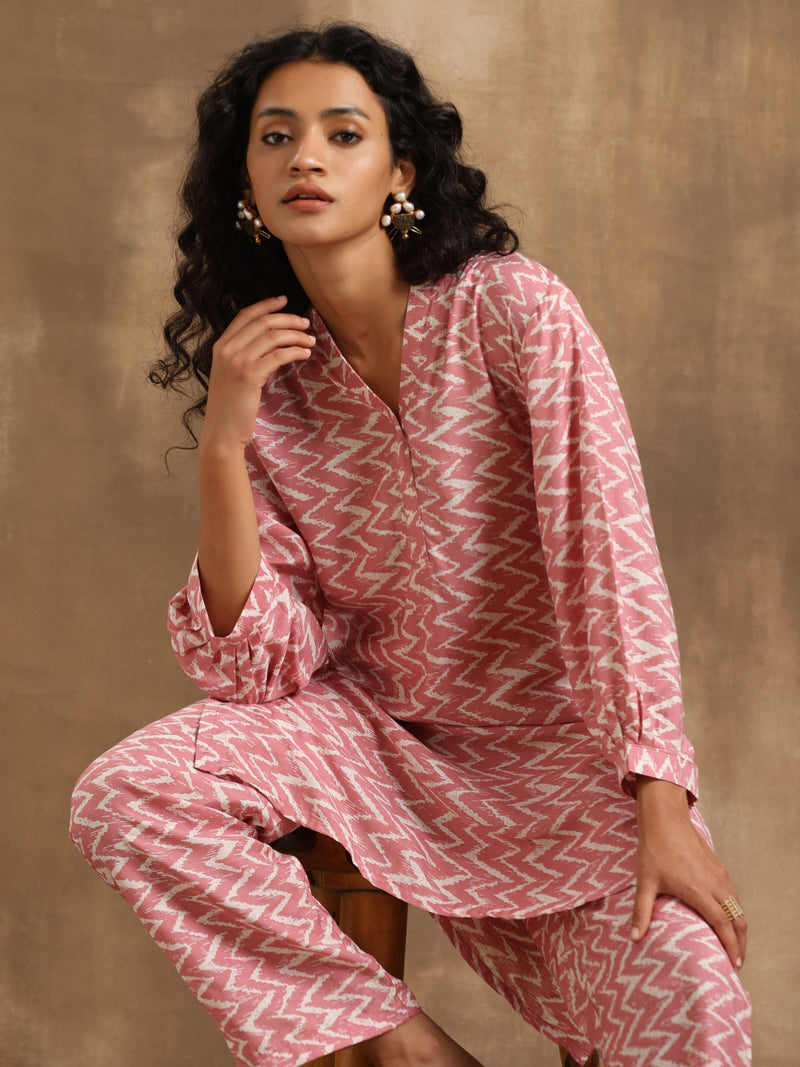 Light Mauve Zig-Zag Printed Silk Co-Ord Set