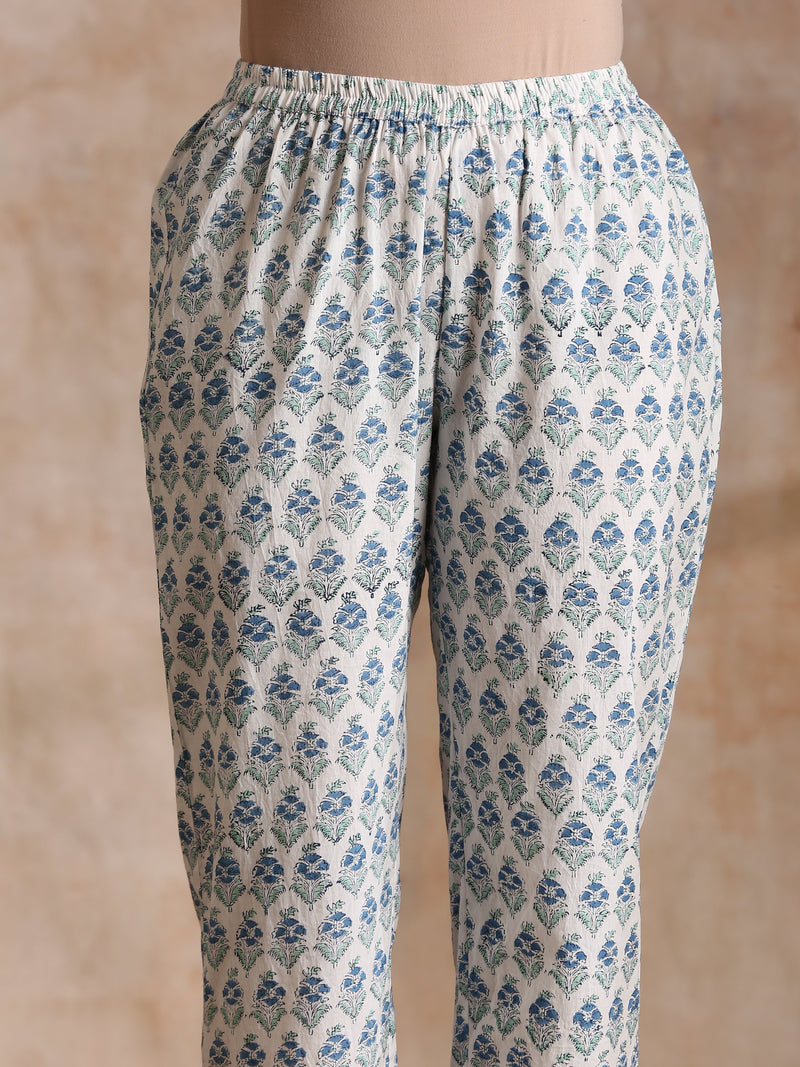 White With Blue Green Buta Print Cotton Flared Kurta Pant Set