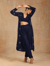 trueBrowns Midnight Blue Velvet Embroidered Jacket Set