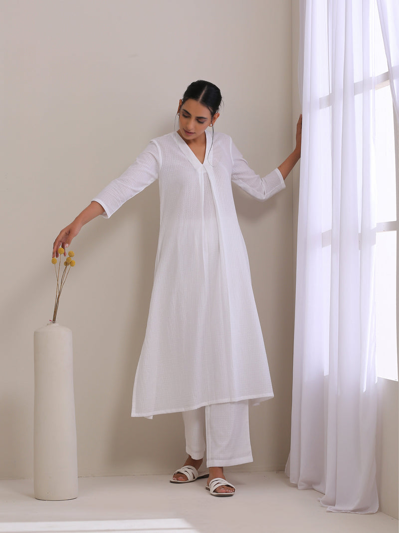 White Dobby Neck Pleat Kurta Pant Set