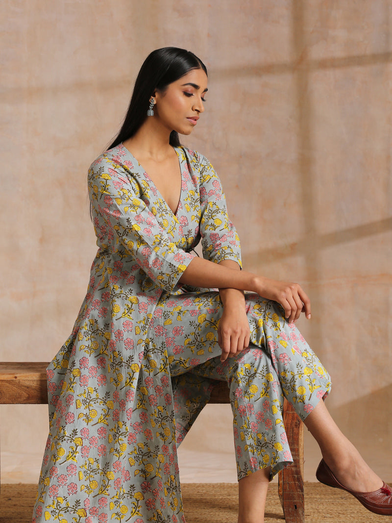 Grey Overall Floral Block Print Cotton Angrakha Kurta Pant Set