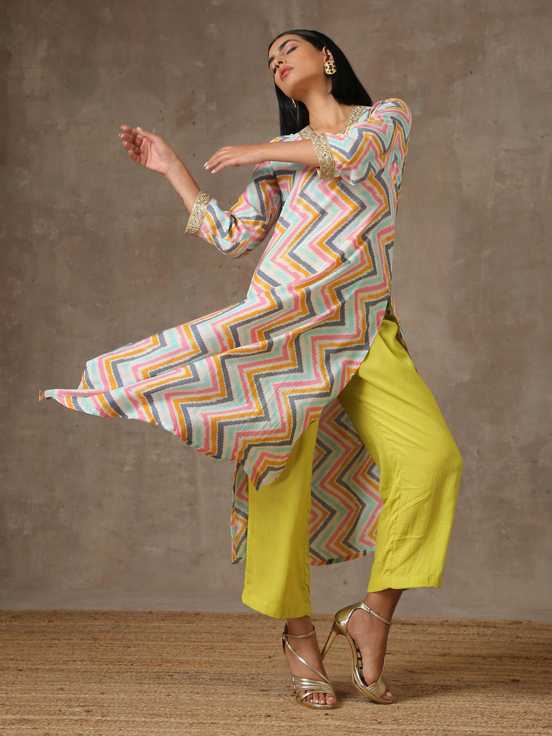 Multicolour Lehariya Printed Silk Kurta Pant Set