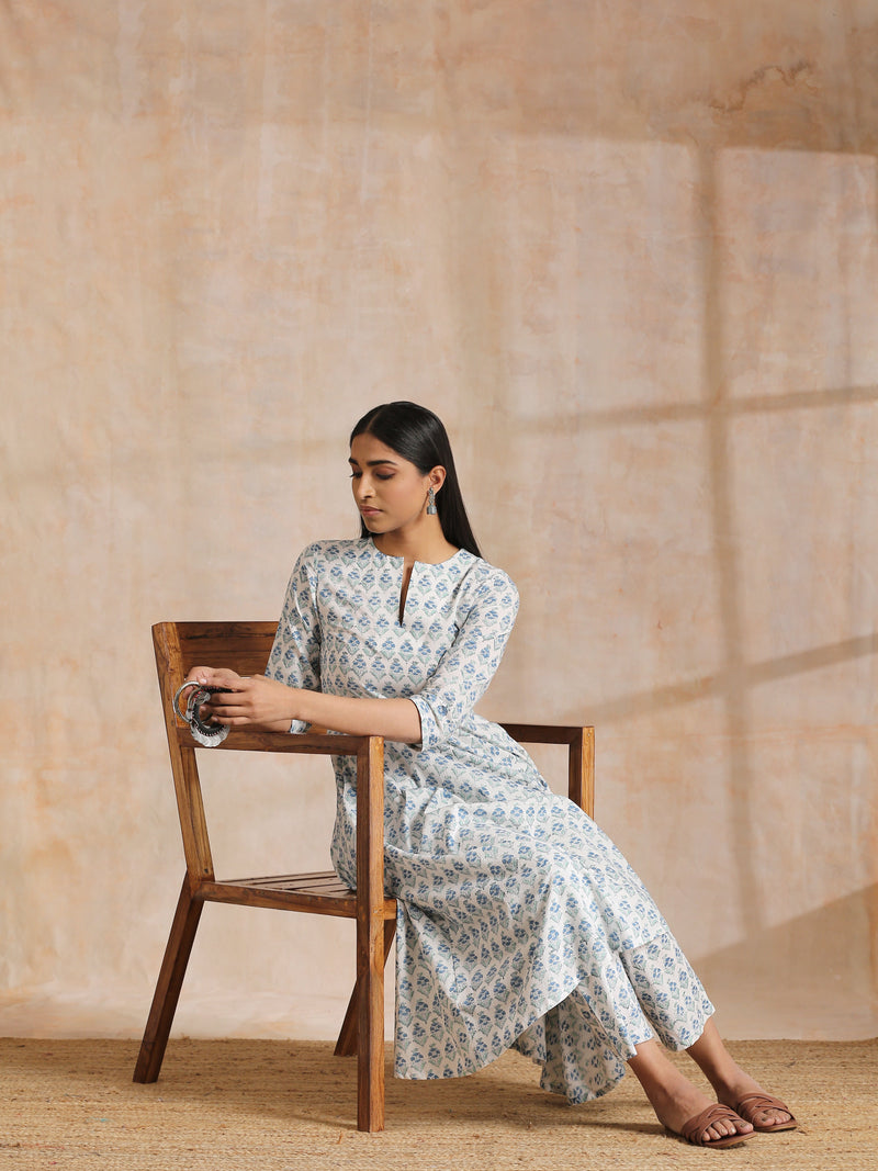White With Blue Green Buta Print Cotton Flared Kurta Pant Set