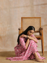 Pink Overall Floral Block Print Cotton Flared Kurta Pant Set