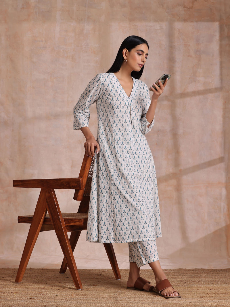 White With Teal Buta Block Print Cotton Front Neck Gathered Kurta Pant Set