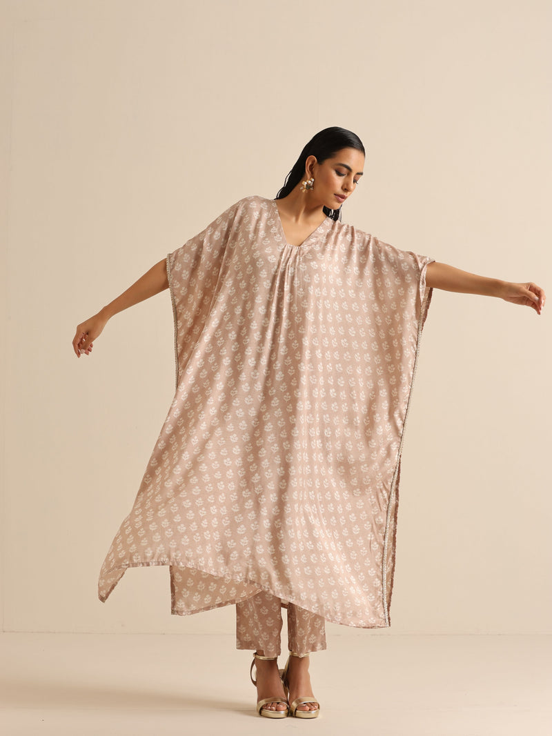 Beige White Floral Silk Print Kaftan Pant Set
