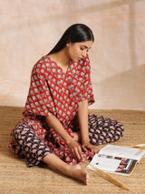 Rust Red Bagru Floral Print Cotton Panel Kaftan Kurta Pant Set