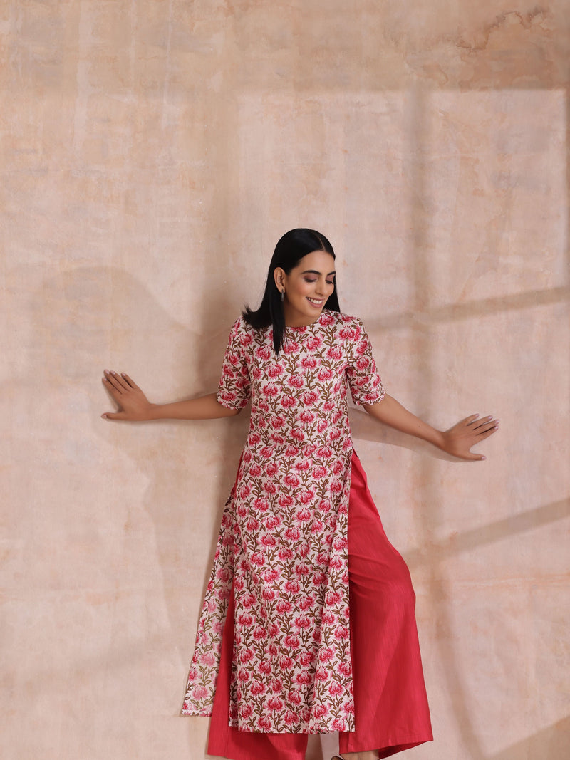Pink Brown Overall Floral On White Block Print Cotton Slit Kurta Pant Set