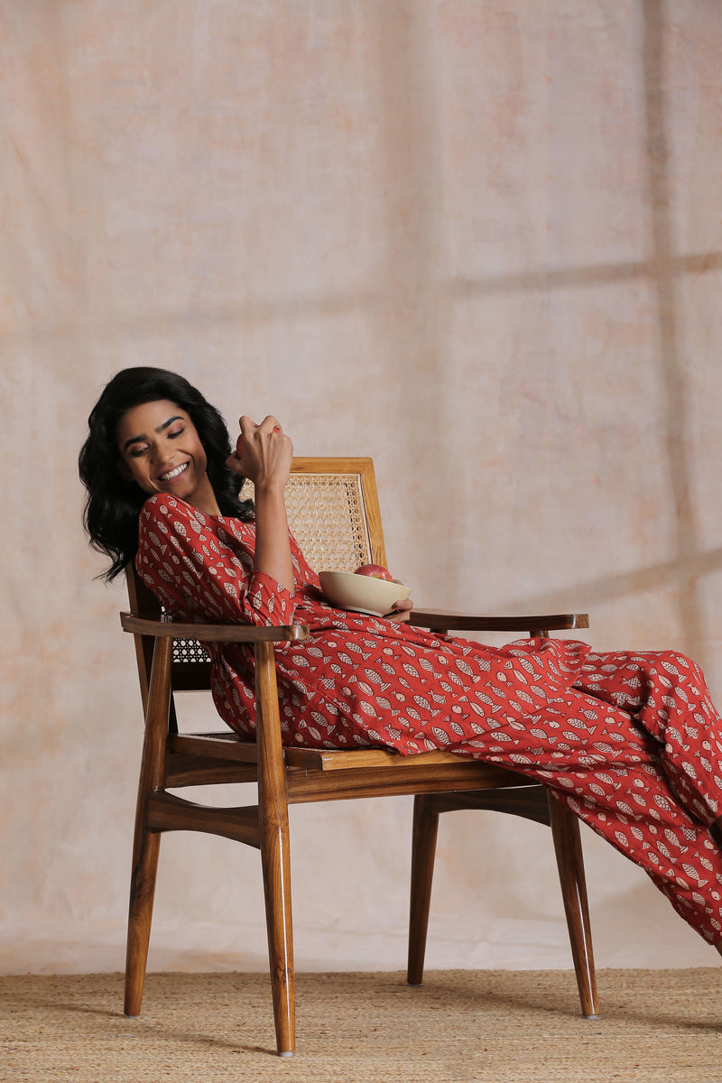 Rust Red Bagru Fish Print Cotton Gathers Co-Ord Set