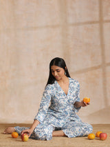 White With Overall Blue Print Cotton Angrakha Kurta Pant Set
