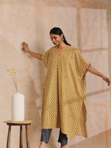 Mustard Dabu Zig-Zag Lines Print Cotton Panel Kaftan Kurta Pant Set