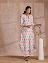 Pink Green Buta On White Block Print Cotton Slit Kurta Pant Set