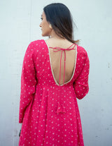 Pink Bandhani Printed Silk Anarkali Kurta Pant Dupatta Set