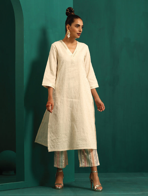 trueBrowns Ivory Tonal Cotton Kurta with Embroidered Pants