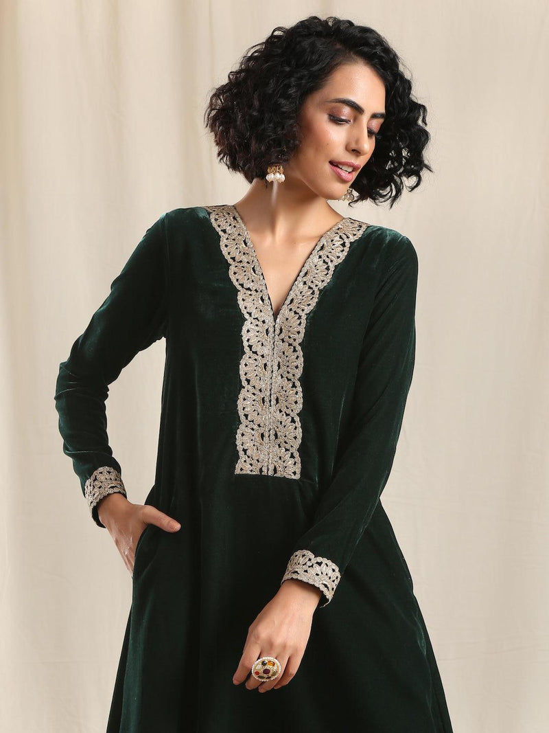 Green Velvet Flared Gota Kurta - trueBrowns